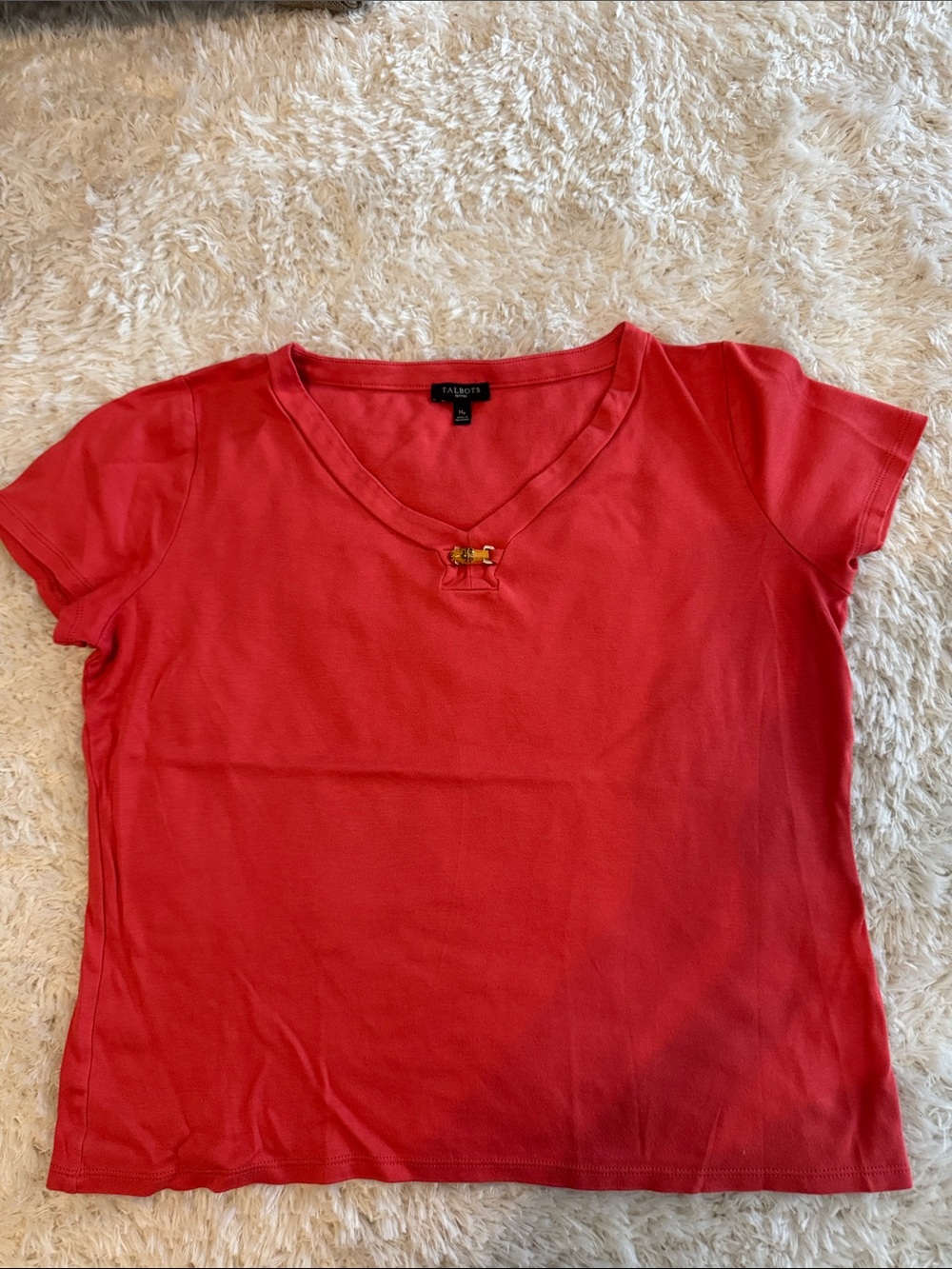 Talbots Coral V-Neck Short Sleeve Top with Gold Accent